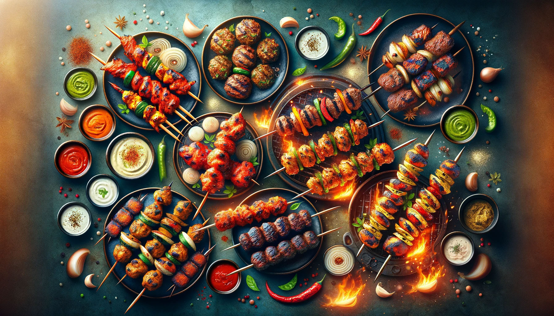 Assorted Pakistani BBQ specialties, including sizzling skewers of marinated meats, displaying the smoky and spicy flavors of the grill.