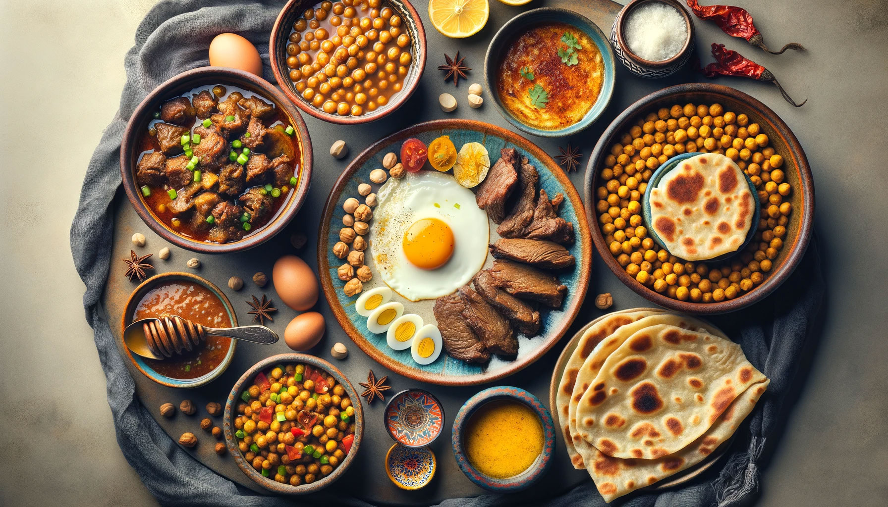 A spread of traditional Pakistani breakfast items, including Mutton Paey and various types of Parathas, highlighting a hearty and flavorful start to the day.